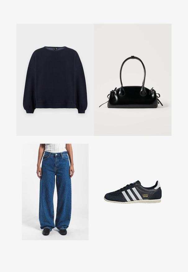 Sweatshirt bleu marine avec un col rond, des épaules tombantes et des poignets froncés. Texture lisse avec une coupe décontractée et un ourlet côtelé.; Jean en denim bleu à jambes larges avec une taille haute, dotés d'une fermeture à bouton, de poches avant et d'une texture légèrement décolorée.; Baskets en cuir noir avec trois rayures blanches, une finition texturée, un logo doré "adidas JAPAN" et une semelle en caoutchouc avec un motif de grip.; Petit sac à main noir brillant avec deux longues anses et des détails à cordon sur les côtés sur un fond clair uni.