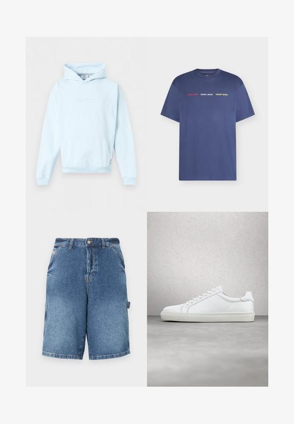 Lichtblauwe pullover hoodie met voorzak in kangoeroestijl en subtiele tekst op de borst, weergegeven tegen een effen achtergrond.; Donkerblauw T-shirt met korte mouwen met "TOMMY JEANS" drie keer in rood, wit en geel gedrukt over de borst.; Blauwe denim knielange shorts met voorzakken, riemlussen, knoopsluiting en een lus aan de rechterzijde tegen een witte achtergrond.; Witte sneaker met een gladlederen bovenwerk en een laag profiel. Voorzien van een ronde neus, zes vetergaatjes en een gestructureerde rubberen zool.