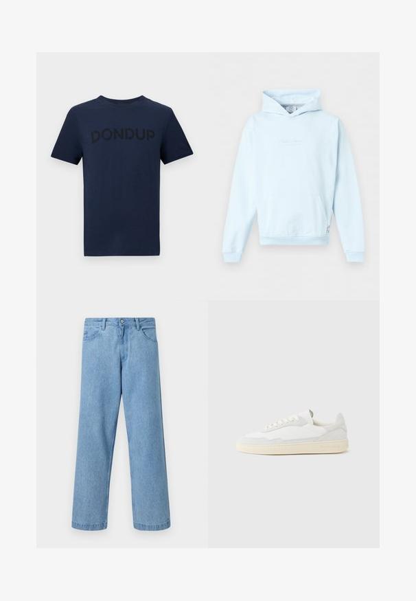 Sweat à capuche bleu clair avec poche kangourou à l’avant et texte discret sur la poitrine, présenté sur un fond uni.; T-shirt bleu marine à manches courtes et col rond avec l'inscription "DONDUP" en lettres légèrement plus foncées sur la poitrine.; Jean en denim bleu clair à jambes droites avec poches devant, passants de ceinture et fermeture par bouton, sur fond uni.; Baskets blanches avec dessus en daim et cuir texturé. Caractérisées par un bout arrondi, une fermeture à lacets et une semelle en caoutchouc beige contrastante.