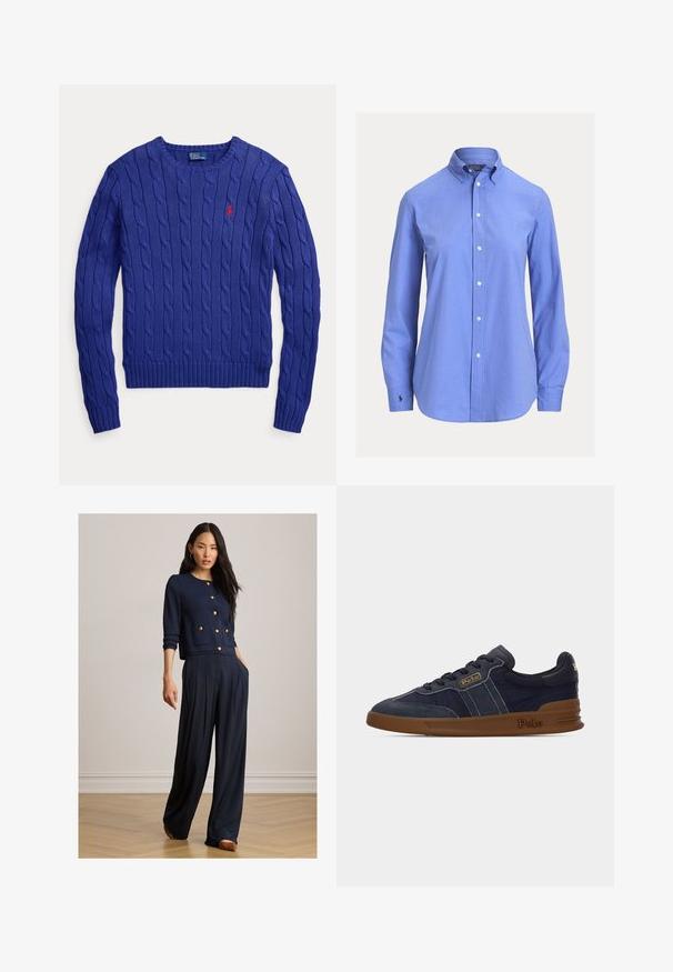Sininen kaarrokepuuvillainen pitkähihainen neulepusero, jossa pyöreä pääntie ja pieni punainen Polo Ralph Lauren -logo vasemmassa rinnassa.; Sininen pitkähihaisen nappikauluspaidan, jossa klassinen kaulus ja pieni brodeerattu logo vasemman kalvosimen kohdalla.; Nainen, jolla on yllään laivaston sininen napitettu neuletakki kultaisilla napeilla ja leveälahkeiset housut, seisoo puulattialla yksiväristä seinää vasten.; Tummansininen mokkanahka- ja kangastennari, jossa on ruskea kumipohja ja "Polo"-brändäys sivulla ja kannassa, nähtynä ulkoreunasta.