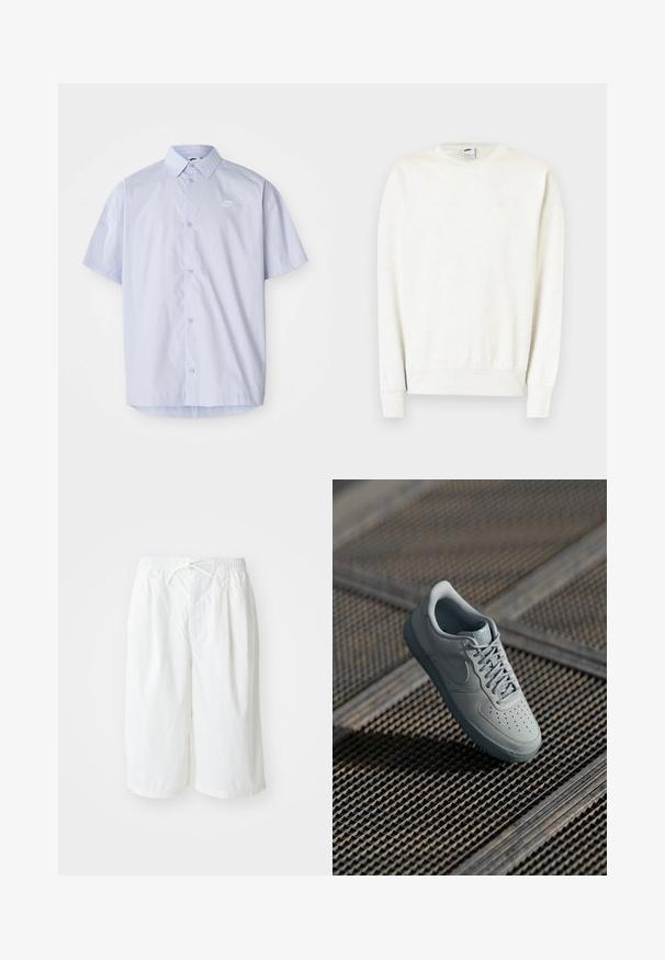 Hvid langærmet crewneck-sweatshirt med ribstrikkede ærmekanter og kant, med et diskret Nike-logo på brystet.; Lyseblå kortærmet skjorte lavet af glat stof, med knaplukning og et lille hvidt Nike-logo på brystet.; Hvide shorts med elastisk talje og snoretræk, præsenteret mod en ensfarvet lys baggrund. Egnet til afslappet eller varmt vejr.; Grå lædersneaker med perforeret tå, flade snørebånd, polstret krave og struktureret gummisål. Har en subtil brandingdetalje.