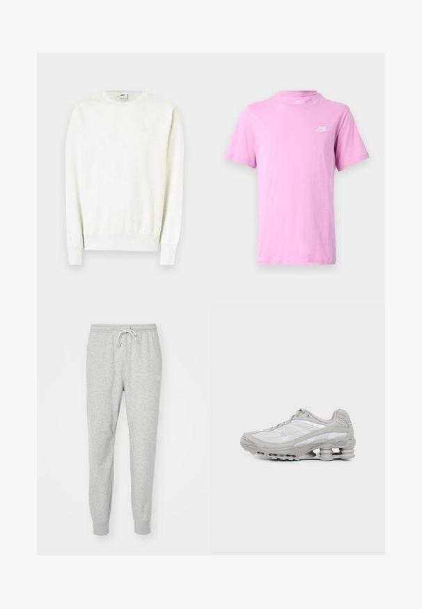Sudadera blanca de manga larga con cuello redondo y puños y dobladillo acanalados, con un sutil logo de Nike en el pecho.; Camiseta Nike de manga corta color púrpura claro con cuello redondo y pequeño logo blanco de Nike en el pecho izquierdo sobre fondo blanco.; Pantalones de chándal grises hechos de material suave, con cintura elástica, cierre de cordón y puños acanalados. Presenta un pequeño logo en el costado.; Zapatilla deportiva gris y blanca con suela visible de amortiguación de aire y paneles de malla, mostrada de perfil sobre un fondo claro y sencillo.