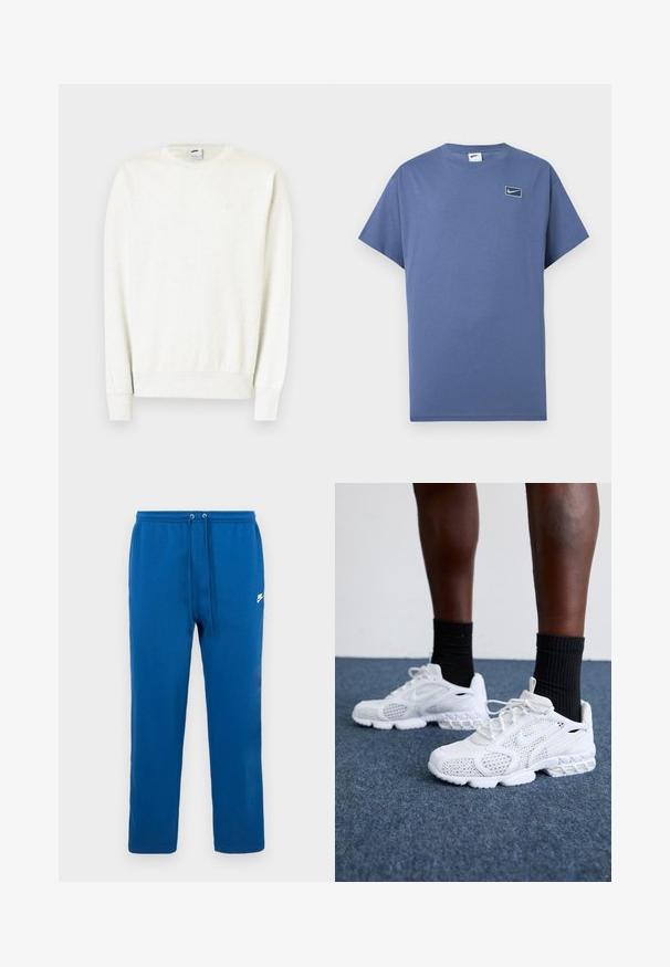 Balts garām piedurknēm sporta krekls ar apaļu izgriezumu, ar ribota diega aprocēm un apakšu, uz krūtīm neliela Nike logo.; Zils īsroku T-krekls ar apaļas formas apkakli un nelielu Nike swoosh logotipu iekš apaļā kvadrāta kreisajā krūtīs.; Zilas kokvilnas sporta bikses ar elastīgu jostu un auklu, sānos ar baltu zīmola logotipu. Taisna kāja bez rakstiem.; Baltie sporta apavi ar sietiņu augšdaļu, rakstainiem akcentiem un mīkstu zoli. Apvienoti ar melniem ribotām potīšu zeķēm uz zilas paklāja virsmas.