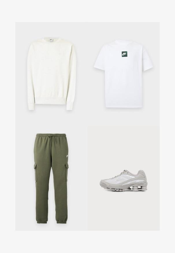 Hvid langærmet crewneck-sweatshirt med ribstrikkede ærmekanter og kant, med et diskret Nike-logo på brystet.; Hvid Nike T-shirt med korte ærmer og et lille grønt firkantet logo med Nike swoosh og tekst centreret på brystet.; Oliven grønne cargo bukser med elastisk talje, snorelukning, sidelommer og brandet logo på låret. Glat bomuldsblanding.; Grå og hvid atletiksko med synlig luftpolstret sål og mesh-paneler, vist i profil på en ensartet lys baggrund.
