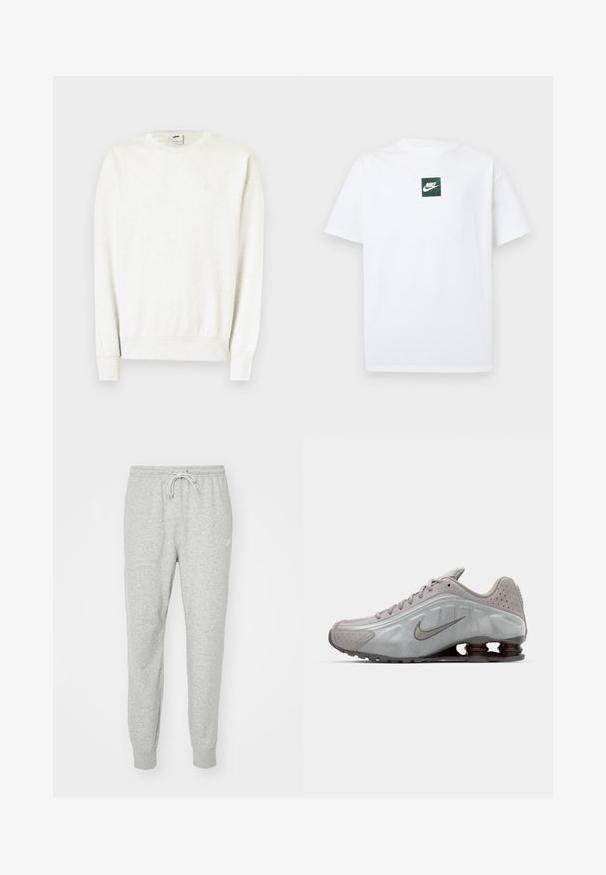 Valge pika varrukaga ümara kaelusega dressipluus soonikkoes varrukaotste ja äärega, millel on rindkere piirkonnas tagasihoidlik Nike'i logo.; Valge lühikeste varrukatega Nike T-särk, millel on väike roheline ruutlogo, kus on Nike swoosh ja tekst, mis asub rinnal keskel.; Hallid hallid dressipüksid, mis on valmistatud pehmest materjalist, millel on elastne vöökoht, paelakk ja ribakäised. Küljel on väike logo.; Nike jooksujalats helesinises värvitoonis, sujuva tekstuuri, kaarjate joontega ning tumeda pruuniga nähtavate pehmendavate vedrudega kandade juures.