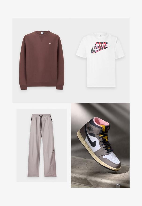 Brun sweatshirt lavet af bomuld, med rund halsudskæring, ribstrikkede ærmekanter og en lille hvid logo på øverste venstre bryst.; Hvid T-shirt med korte ærmer med en stor Nike-logo i sort og flerfarvet leopardmønster samt ordet "AIR" inde i logoet.; Lysegrå løstsiddende bukser med elastisk talje, sort justerbar snor og sidelommer med sorte lynlåse.; Høj-top Nike Air Jordan sneaker i hvid, grå og sort med pink indvendigt og gul tunge, placeret på en betonoverflade.