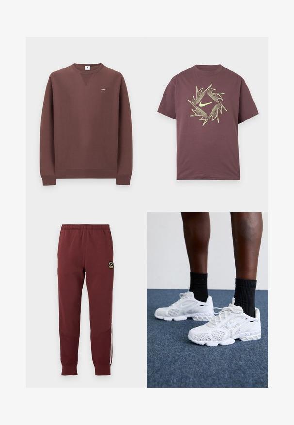 Brun sweatshirt lavet af bomuld, med rund halsudskæring, ribstrikkede ærmekanter og en lille hvid logo på øverste venstre bryst.; Kortærmet bordeaux T-shirt med et abstrakt, neon gult, spidset cirkeldesign og en central swoosh-logo på brystet.; Mørkerøde sweatpants med et sekskantet Nike-logo, elastisk talje, to sidelommer og hvide sidelommer. Tekstureret stof med tapered ben-design.; Hvide atletik-sko med mesh-overdel, teksturerede accenter og polstret sål. Parret med sorte ribbede ankelstrømper på en blå tæppebelagt overflade.