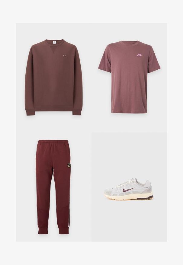 Brauner Sweatshirt aus Baumwolle mit Rundhalsausschnitt, gerippten Bündchen und kleinem weißem Logo auf der oberen linken Brust.; Dunkelrotes Baumwoll-T-Shirt mit kurzen Ärmeln, rundem Ausschnitt und einem pinkfarbenen Nike-Logo auf der linken Brust. Glatte Textur, Standardpassform.; Bordauxfarbene Sweatpants mit einem hexagonalen Nike-Logo, elastischem Bund, zwei Seitentaschen und weißen Seitenstreifen. Strukturierter Stoff mit schmal zulaufendem Beindesign.; Herren-Laufschuh in Hellgrau und Creme mit atmungsaktivem Mesh-Obermaterial, dunkelrotem Nike-Swoosh, gepolstertem Kragen und einer strukturierten Sohle.