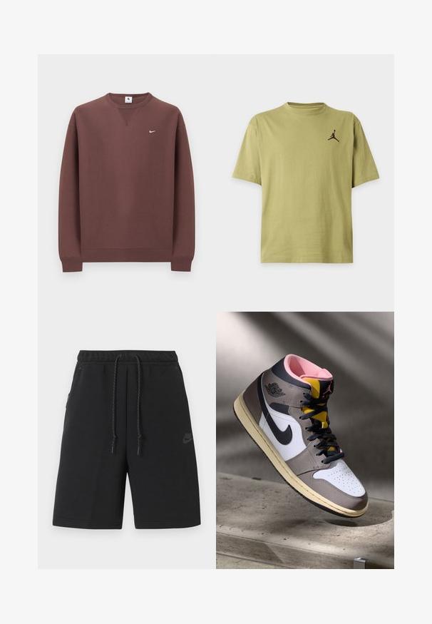 Sweat-shirt marron en coton, avec un col rond, des poignets côtelés et un petit logo blanc sur le haut à gauche de la poitrine.; T-shirt uni vert olive à manches courtes avec un petit logo Jumpman noir sur le haut gauche de la poitrine.; Shorts de sport noirs Nike avec taille élastique, cordon de serrage, poches latérales et logo discret sur la cuisse gauche.; Sneaker Nike Air Jordan montante en blanc, gris et noir avec un intérieur rose et une languette jaune, posé sur une surface en béton.