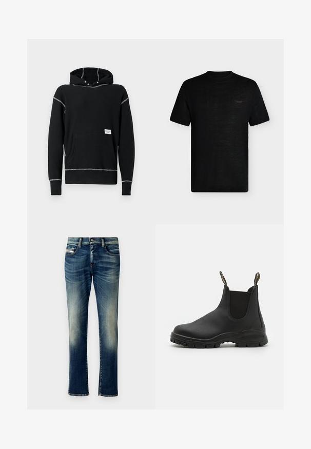 Sudadera negra con capucha hecha de algodón. Presenta costuras grises contrastantes, un bolsillo delantero y botones metálicos en el cuello.; Camiseta negra de manga corta con cuello redondo y un pequeño logo oscuro en la parte superior izquierda del pecho.; Jeans de denim azul oscuro con un lavado desgastado, corte recto, costuras contrastantes, cinco bolsillos y un cierre de botón en la cintura.; Botas negras hasta el tobillo hechas de goma suave, con paneles laterales elásticos, una suela texturizada para mayor agarre y lengüetas en la parte trasera para facilitar su colocación.