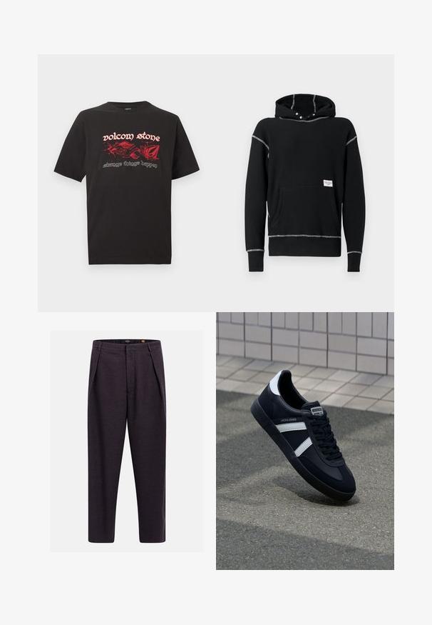 Sweat à capuche noir en coton. Présente des coutures grises contrastantes, une poche avant et des boutons-pression en métal au niveau du col.; T-shirt noir à coupe ample avec des graphismes abstraits de flammes rouges et le texte « volcom stone » et « strange things happen » sur le devant.; Pantalon gris foncé sur mesure avec passants pour ceinture, plis avant et coupe droite.; Sneaker en cuir noir avec des rayures blanches, semelle en caoutchouc texturée et devant à lacets. Présente une étiquette de marque sur la languette.
