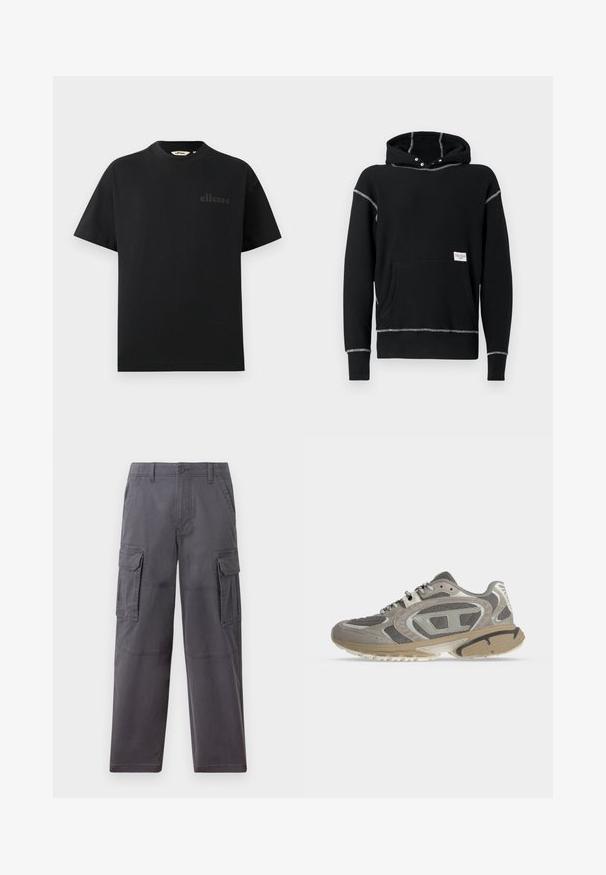Schwarzer Kapuzenpullover aus Baumwolle. Verfügt über kontrastierende graue Nähte, eine Vordertasche und Metallsnaps am Halsausschnitt.; Schwarzes T-Shirt aus Baumwolle mit klassischem Rundhalsausschnitt und kurzen Ärmeln. Verfügt über ein dezentes, geprägtes Logo auf der Brust.; Hollister Co. SKATER BAGGY - Cargohose - grey; Grauer und beiger Sportschuh mit Mesh-Gewebe, Wildleder-Overlays, gemusterter Sohle und Schnürverschluss von der Außenseite auf weißem Hintergrund gezeigt.