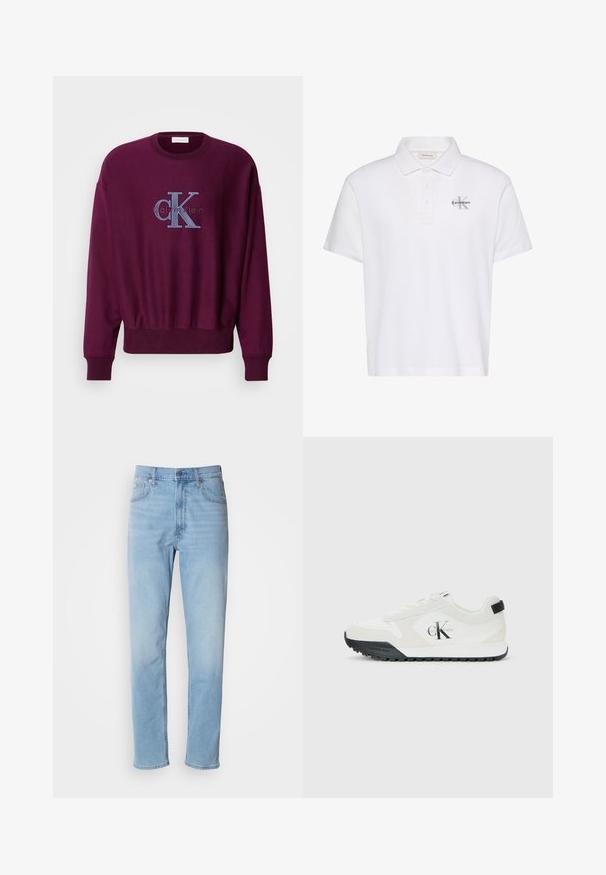 Bordový sveter s dlhými rukávmi, rebrovanými manžetami a spodným lemom. Na hrudi sa nachádza modrá vyšívaná logo Calvin Klein. Mäkká textúra látky.; Biele polotričko s krátkym rukávom, golierom, trojguľovou légou a malým sivým logom Calvin Klein na ľavej strane hrude.; Svetlomodré džíny z denimu so strihom rovného strihu, piatimi vreckami a pútkami na opasok. Textil má hladkú štruktúru s jemným efektom vyblednutia.; Biele tenisky Calvin Klein s čiernou podrážkou, semišovými a sieťovinovými panelmi, logo CK na boku a značkovanie Calvin Klein na päte a podrážke.