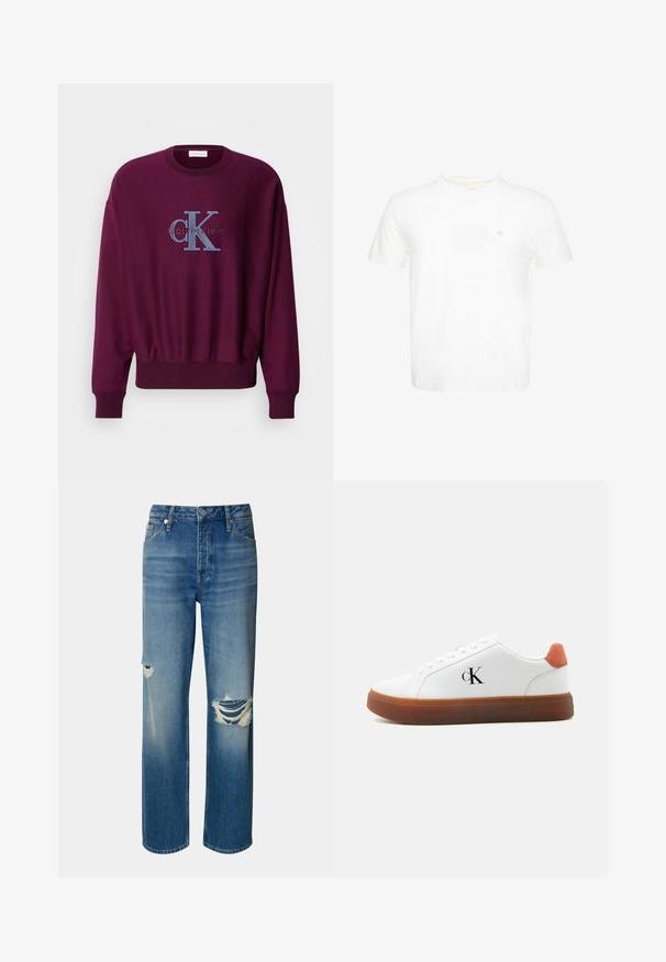 Bordeauxfarbener Sweatshirt mit langen Ärmeln, gerippten Bündchen und Saum. Mit einem blauen, gestickten Calvin Klein-Logo auf der Brust. Weicher Stoff.; Weißes T-Shirt mit kurzen Ärmeln und Rundhalsausschnitt mit kleinem gesticktem "ck" Logo auf der linken Brust.; Helle blaue Denim-Jeans mit hoher Taille, geradem Bein und ausgefransten Rissen an beiden Knien. Mit klassischem Fünf-Taschen-Design und Knopfverschluss.; Weißer Sneaker mit brauner Sohle, orangefarbenem Fersenlasche, Schnürsenkeln und "cK"-Logo an der Seite.