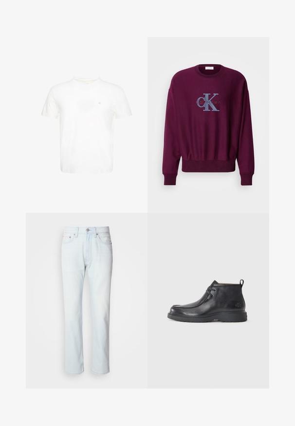 Sweat-shirt bordeaux à manches longues, avec des poignets et un ourlet côtelés. Présente un logo Calvin Klein brodé bleu sur la poitrine. Texture du tissu douce.; T-shirt blanc à manches courtes et col rond avec un petit logo "ck" brodé sur la poitrine gauche.; Jean en denim bleu clair avec une coupe droite. Présente une fermeture à bouton et des passants de ceinture, mettant en valeur une texture décolorée et des coutures minimalistes.; Bottes noires en cuir à talon arrondi, avec un design à lacets et une languette à l'arrière. Tige texturée et semelle en caoutchouc.