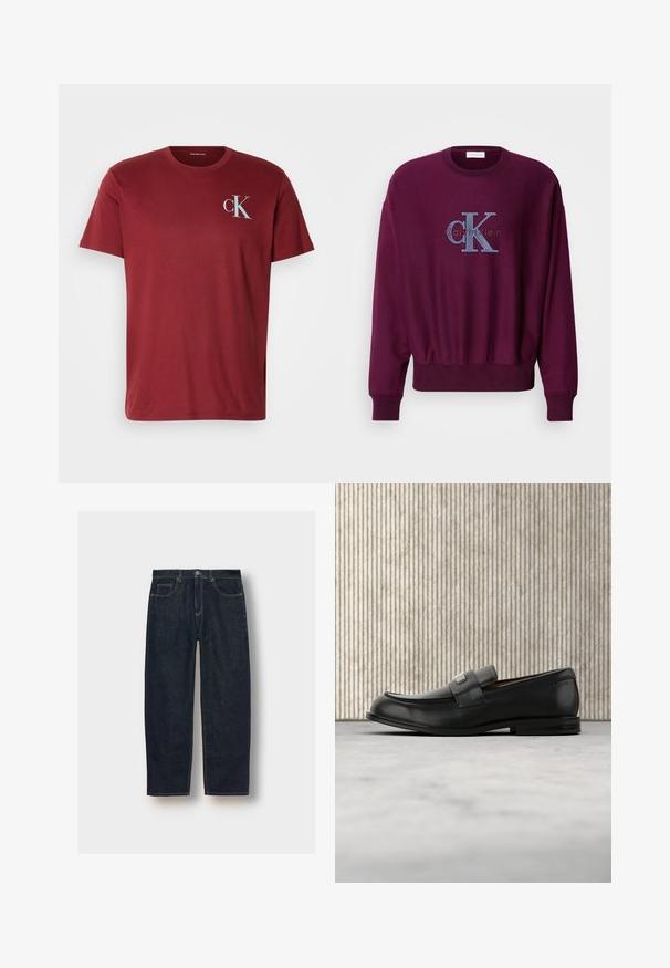 Sudadera burdeos de manga larga, con puños y dobladillo acanalados. Presenta un logo de Calvin Klein bordado en azul en el pecho. Textura de tela suave.; Camiseta de algodón burdeos con cuello redondo, mangas cortas y un logotipo "ck" en azul claro en el lado izquierdo del pecho. Textura suave.; Jeans de mezclilla azul oscuro con un ajuste holgado, cinco bolsillos y costuras en contraste. Cuenta con un cierre de botón y cremallera. Textura suave.; Mocasín de cuero negro con una placa metálica de marca apoyado cerca de una mesa redonda marrón sobre un suelo alfombrado beige.
