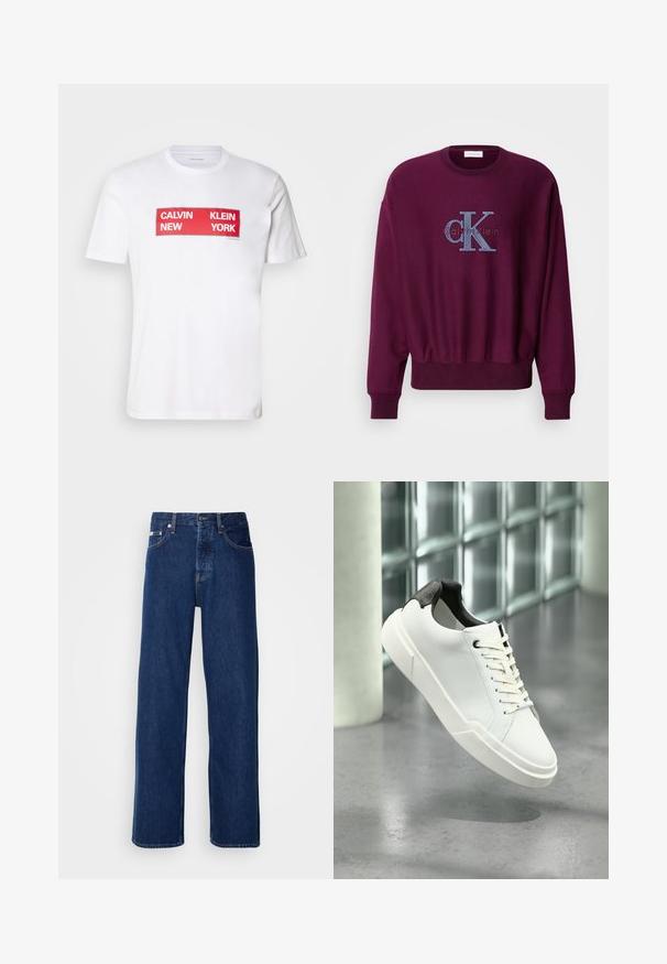 Bordový sveter s dlhými rukávmi, rebrovanými manžetami a spodným lemom. Na hrudi sa nachádza modrá vyšívaná logo Calvin Klein. Mäkká textúra látky.; Biela bavlnená tričko s výrazným červeným obdĺžnikovým grafickým textom: "CALVIN NEW KLEIN YORK." Krátke rukávy a okrúhly výstrih.; Tmavomodré džínsy s širokým strihom, s gombíkovým zapínaním a klasickým piatym vreckovým dizajnom. Tkanina má hladkú textúru.; Biela nízka teniska s čiernou textúrovanou pätkou, bielymi šnúrkami a hrubou podrážkou na leštenej betónovej podlahe pri sklenených blokoch.