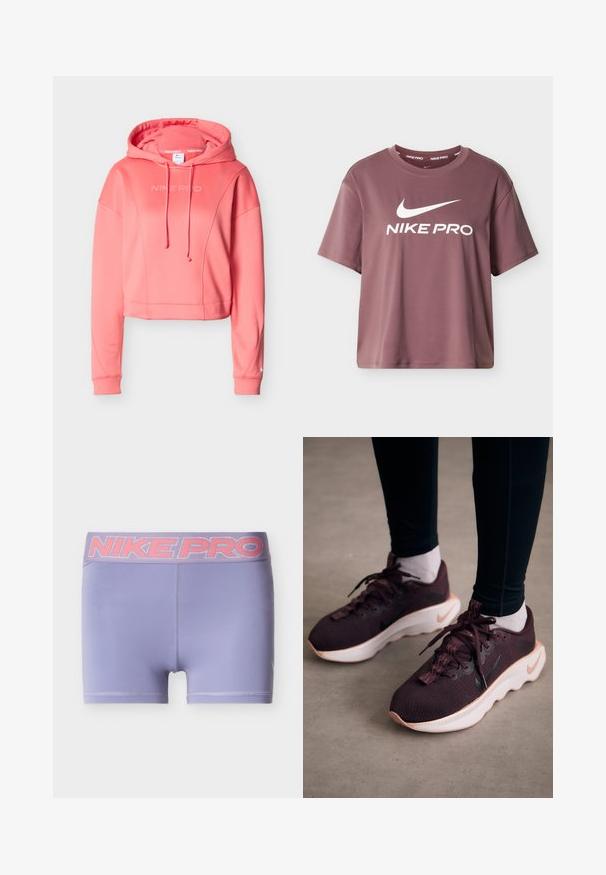 Pink Nike Pro cropped hættetrøje med justerbar snøre i hætten, frontlogo, ribstrikkede manchetter og glat, strækbart stof.; Kortærmet, cropped lavendel træningst-shirt med rund hals og hvidt "NIKE PRO" logo på fronten. Glat stoffornet.; Lilla atletikshorts med en bred Nike Pro elastisk linning i pink. Glat, letvægtsstof med en tætsiddende pasform og uden tydelige teksturer.; Mørkerøde sportssko med en tekstureret strikoverdel, hvid sål og sort Nike-logo. Har runde snørebånd og mønstrede snørehuller.