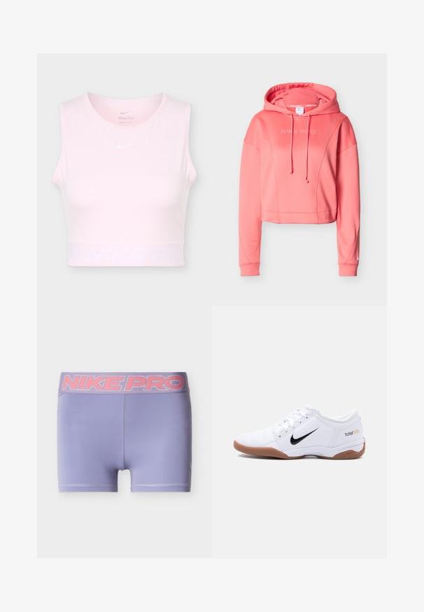 Hanorac scurt roz Nike Pro cu glugă reglabilă prin șnur, cu logo frontal, manșete striate și material neted, elastic.; Top sport scurt roz deschis fără mâneci, cu decolteu rotund și logo alb Nike Swoosh pe piept și pe talie.; Pantaloni scurți atletici mov, cu o bandă elastică largă Nike Pro roz. Material neted, ușor, cu un design strâmt și fără texturi distincte.; Papuc de fotbal indoor Nike Total 90 III alb cu logo negru swoosh și talpă gumă, prezentat din lateral pe un fundal simplu.