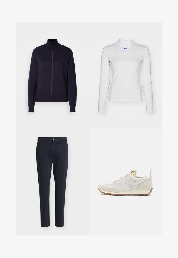 Jersey de pescador en color azul marino, confeccionado en suave tejido de punto, con media cremallera frontal, mangas largas y bajo ajustado. Diseño minimalista sin patrones.; Top de cuello alto de manga larga blanca, hecho de tela elástica, con un diseño ajustado y un pequeño logo azul en el pecho.; Pantalones casual ajustados de hombre en azul marino oscuro con cierre de botón y trabillas para cinturón, exhibidos sobre un fondo liso gris claro.; Zapatilla blanca con paneles de malla y acentos de ante, que cuenta con una suela de goma con dibujo de zigzag y un collar acolchado en suave amarillo.