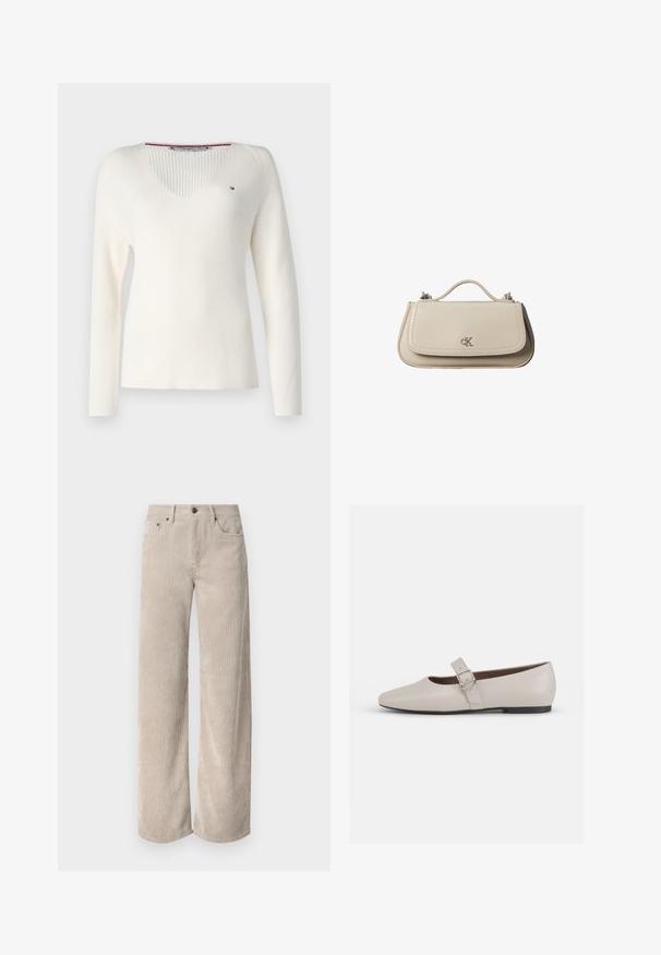 Witte gebreide trui met lange mouwen, diepe V-hals, geribbelde structuur en een klein logo-accent op de borst.; Beige corduroy wijde broek met verticale strepen, voorzien van een knoopsluiting en voorkruiden. Zacht, gestructureerd materiaal met een relaxte pasvorm.; Beige leren Mary Jane flats met een puntige neus, enkelbandje en een zilveren gesp detail, met een lage zwarte hak.; Kleine beige leren handtas met bovenhandvat en zilveren CK-logo op de voorflap, getoond tegen een witte achtergrond.