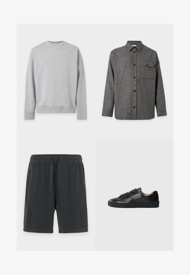 Sweat-shirt gris clair à manches longues avec poignets et ourlet côtelés, avec logo J. LINDEBERG embossé centré sur la poitrine.; Chemise grise en laine à manches longues, boutonnée, avec col pointu et une poche poitrine boutonnée sur fond uni.; Shorts gris foncé en matériau doux, avec une taille élastique et un cordon de serrage aux embouts argentés. Design simple sans poches.; Baskets en cuir noir avec une texture lisse, bout rond et fermeture à lacets. Comprend une semelle en caoutchouc épaisse et un minimum de détails de marque.