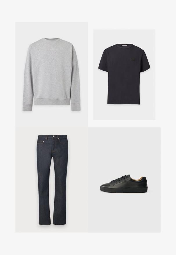 Sweat-shirt gris clair à manches longues avec poignets et ourlet côtelés, avec logo J. LINDEBERG embossé centré sur la poitrine.; T-shirt noir uni à manches courtes avec col rond, orné d'un petit patch logo rond noir sur le côté gauche de la poitrine.; Jean droit en denim bleu foncé avec bouton sur le devant, fermeture éclair et cinq poches sur un fond uni.; Baskets basses en cuir noir avec surface texturée, lacets noirs et semelle en caoutchouc épaisse, présentées de côté sur un fond clair.