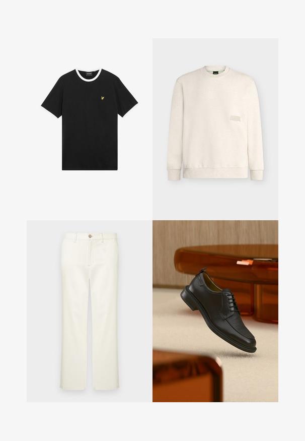 Kremfarvet sweatshirt med rund hals og lange ærmer, med ribstrikkede manchetter og kant, med et lille præget logopatch på venstre bryst.; Sort T-shirt med hvid krave og ærmekanter, lavet af bomuld. Har en lille gul broderet ørnelogo på brystet.; Beige bomuldsbukser med lige ben, der har forlommer, lukning med knap og diskret sømdetalje.; Sort lædersko med snørebånd og tekstureret front, svævende over beige tæppe i et moderne rum med møbler i ravfarvet toning.