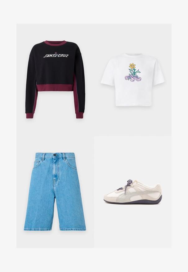 Schwarzer, kurz geschnittener Sweatshirt mit burgunderfarbenen Akzenten, das ein gesticktes "SANTA CRUZ"-Logo über der Brust und kontrastierende Seitenpaneele aufweist.; Weißes, kurzes T-Shirt mit einem bunten Blumenmuster, das eine gelbe Blume und grüne Blätter zeigt, begleitet von dem Text "Santa Cruz".; Hellblaue Jeansshorts mit lockerer Passform, ausgestattet mit Gürtelschlaufen, einem Knopfverschluss und vorderen Taschen. Der Stoff hat eine glatte Textur.; Weiß-beiger Sneaker mit niedrigem Schaft, dunkelgrauen Schnürsenkeln und Sohle, Wildleder-Akzenten und einem glatten, geschwungenen Design auf einfarbigem Hintergrund.