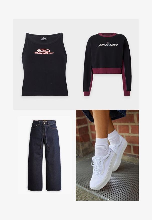 Sort cropped sweatshirt med bordeaux detaljer, der har et broderet "SANTA CRUZ" logo over brystet og kontrastfarvede sidelapper.; Sort udenærmet crop top lavet af blødt stof med et pink Quiksilver-logo centralt på brystet. Enkel design med rund udskæring.; Bredde ben mørkeblå denim jeans med høj talje, der har snoretræk, fem lommer og kontrastsyet detaljer.; Hvide lærreds sneakers med gummisåler, der har seks snørehuller, rund tå og let sømdetaljer, krydret med hvide ankelstrømper.