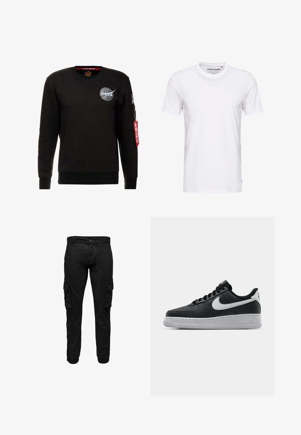Alpha Industries NASA - Sweatshirt - schwarz; T-shirt blanc à manches courtes en coton, avec un col rond et un design simple. Étiquette de marque visible au niveau du cou. Aucun motif ni accent.; Pantalon cargo noir avec poches à rabat latérales, poignets élastiques, fermeture frontale par bouton et fermeture éclair.; Baskets en cuir noir avec surface texturée, swoosh Nike blanc, semelle grise, bout rond et design à lacets. Comprend des perforations sur la boîte à orteils.