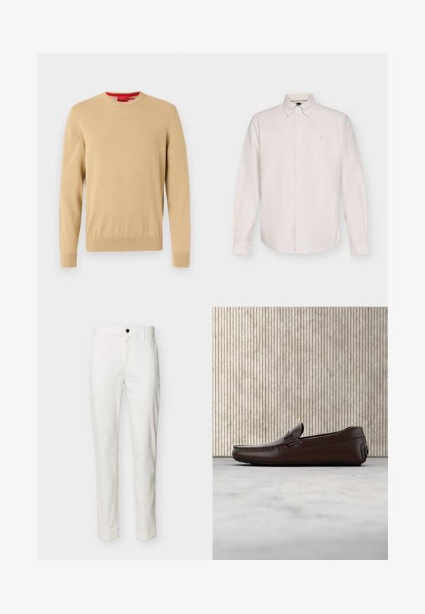 Pull beige pour homme à col rond, manches longues, bords-côtes aux poignets et à l'ourlet, avec un logo discret brodé sur la poitrine.; Chemise blanche à manches longues avec fines rayures verticales, boutonnée à l'avant, col boutonné et logo discret sur la poitrine.; Pantalon blanc slim avec un bouton noir, des passants pour ceinture et une fermeture éclair à l'avant, présenté sur un fond uni.; Mocassins en cuir marron avec une finition lisse, des coutures de style mocassin, un bout rehaussé et une semelle en caoutchouc basse et flexible.