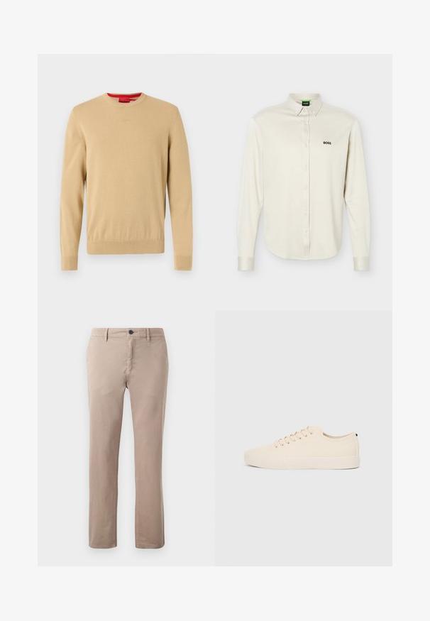Pull beige pour homme à col rond, manches longues, bords-côtes aux poignets et à l'ourlet, avec un logo discret brodé sur la poitrine.; Chemise blanche à manches longues avec col, logo noir "BOSS" sur le côté gauche de la poitrine, et poignets à boutons, présentée sur un fond uni.; Chinos en coton beige clair avec des jambes droites, des poches avant et un unique bouton en haut à la taille. Texture lisse avec des coutures piquées.; Baskets en toile beige avec bout arrondi, semelle en caoutchouc plate et lacets à l'avant. Présente un design minimaliste et un accent noir contrastant au niveau du talon.