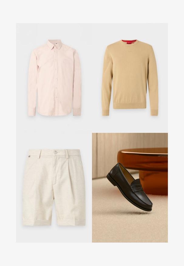 Pull beige pour homme à col rond, manches longues, bords-côtes aux poignets et à l'ourlet, avec un logo discret brodé sur la poitrine.; Chemise rose clair à manches longues avec boutons, col pointu, logo discret sur la poitrine et poignets boutonnés sur un fond blanc uni.; Shorts beige sur mesure longueur genou avec fermeture par boutons, passants de ceinture et plis subtils à l'avant sur fond uni.; Chaussure mocassin en cuir noir suspendue au-dessus d’un tapis beige avec du mobilier moderne couleur ambre en arrière-plan.