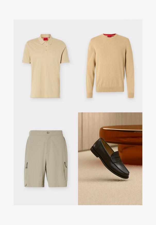 Pull beige pour homme à col rond, manches longues, bords-côtes aux poignets et à l'ourlet, avec un logo discret brodé sur la poitrine.; Polo beige à manches courtes avec trois boutons et petit logo embossé sur la poitrine, présenté à plat sur fond blanc.; Shorts beiges mi-genoux avec fermeture à boutons et poches zippées de chaque côté, conçus pour un usage décontracté ou en plein air.; Chaussure mocassin en cuir noir suspendue au-dessus d’un tapis beige avec du mobilier moderne couleur ambre en arrière-plan.
