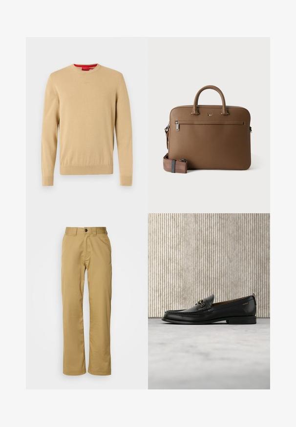 Jersey beige de hombre con cuello redondo, mangas largas, puños y dobladillo acanalados, y un logo sutil bordado en el pecho.; Pantalones beig confeccionados en una tela suave, con un ajuste estándar, dos bolsillos laterales y un cierre de botón en la cintura.; Mocasín de cuero negro con pieza metálica dorada y logotipo "HUGO", exhibido sobre una alfombra beige y muebles translúcidos marrones.; Maletín de cuero marrón con asas superiores, bolsillo delantero con cremallera y correa de hombro a juego desmontable sobre fondo blanco.
