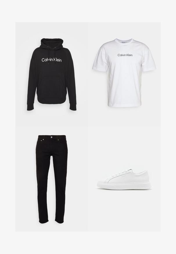 Čierna mikina s kapucňou vyrobená z bavlnenej zmesi. Obsahuje predné vrecko typu kengura a biele logo "Calvin Klein" potlačené na hrudi.; Biela bavlnená tričko s okrúhlym výstrihom a krátkymi rukávmi, s potlačou "Calvin Klein" v čiernej farbe uprostred prednej časti.; Čierne slim fit rifle s gombíkom a zipsom, prednými a zadnými vreckami, zobrazené na bielom pozadí.; Biele tenisky vyrobené z hladkého syntetického materiálu. Majú nízky strih, zvýšenú bielu podrážku, zaoblenú špičku a šnurovanie vpredu s piatimi očkami.