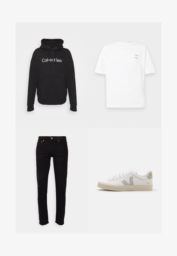 Čierna mikina s kapucňou vyrobená z bavlnenej zmesi. Obsahuje predné vrecko typu kengura a biele logo "Calvin Klein" potlačené na hrudi.; Biely bavlnený tričko s voľným strihom, krátkymi rukávmi a výstrihom do V. Obsahuje dva malé čierne potlačené logá na ľavej strane.; Čierne slim fit rifle s gombíkom a zipsom, prednými a zadnými vreckami, zobrazené na bielom pozadí.; Biele kožené tenisky s béžovými akcentmi, plochá gumová podrážka, okrúly špička a kontrastné logo na boku a zadnej časti. S viazaním.