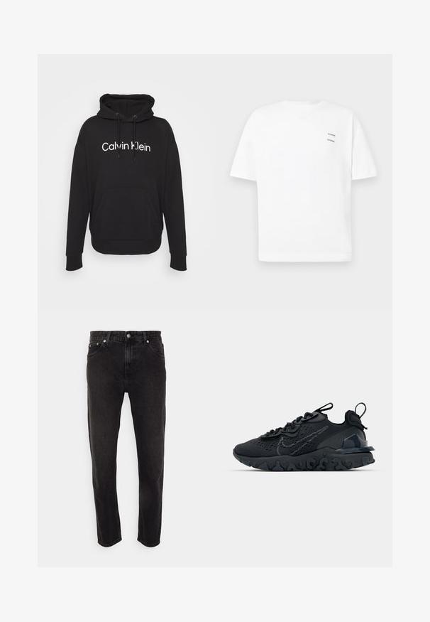 Schwarzer Kapuzenpullover aus Baumwollmischung. Verfügt über eine vordere Kängurutasche und ein weißes "Calvin Klein"-Logo, das auf der Brust aufgedruckt ist.; Weißes Baumwoll-T-Shirt mit lässiger Passform, kurzen Ärmeln und V-Ausschnitt. Verfügt über zwei kleine schwarze gedruckte Logos auf der linken Seite.; Schwarze Denim-Jeans mit geradem Bein, mittlerer Bundhöhe, Gürtelschlaufen und Fünf-Taschen-Stil. Weicher Stoff mit minimalem Ausbleichen.; Schwarzer Sportschuh mit atmungsaktivem Mesh-Obermaterial, strukturierten Akzenten und einer wellenförmigen Gummisohle. Verfügt über ein reflektierendes Logo und ein Schnürsystem.