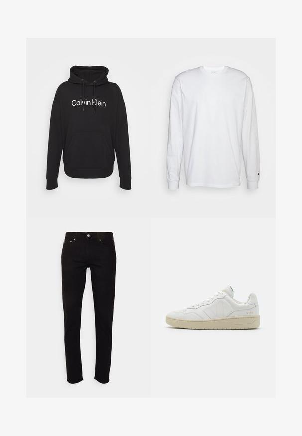 Čierna mikina s kapucňou vyrobená z bavlnenej zmesi. Obsahuje predné vrecko typu kengura a biele logo "Calvin Klein" potlačené na hrudi.; Biela dlhá bavlnená tričko s dlhým rukávom. Dizajn s okrúhlym výstrihom a rebrovanými manžetami, malá nášivka na ľavom rukáve. Hladká textura.; Čierne slim fit rifle s gombíkom a zipsom, prednými a zadnými vreckami, zobrazené na bielom pozadí.; Biele kožené tenisky s textúrovaným povrchom a polstrovaným golierom. Majú béžovú gumovú podrážku a diskrétne značenie na päte a boku.