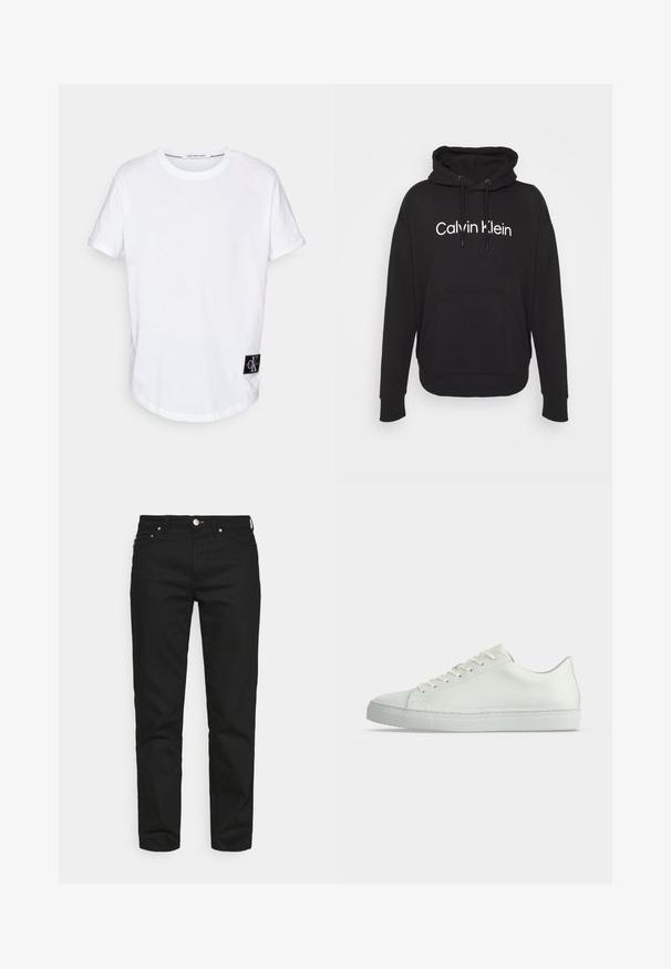 Sort hætte sweatshirt lavet af bomuldsblanding. Har en frontlomme og hvid "Calvin Klein" logo trykt på brystet.; Hvid bomulds T-shirt med rullede korte ærmer, afrundet kant og et sort logo-tag med "CK" i nederste venstre hjørne.; Won Hundred ARCHER - Jeans Tapered Fit - rinse black; Hvid lavtop sneakers med snørebånd, glat læderoverdel og flad gummisål vist fra siden på en ensfarvet baggrund.