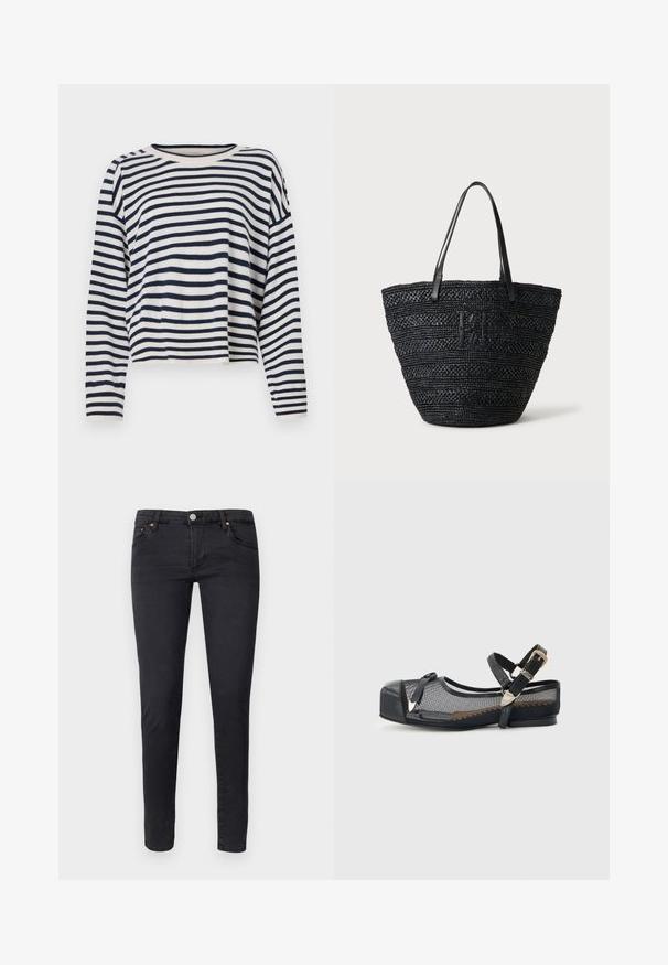 Langærmet sweater i bomuld med marineblå og cremefarvede vandrette striber, rund halsudskæring og cropped design med ribstrikkede detaljer.; AG Jeans Jeans Skinny Fit - anthracite black; Sort flad sko med firkantet tå, net-sider, ankelrem med sølvspænde og sort dekorativ sløjfe foran.; Sort vævet tote taske med to tynde læderhåndtag og et diskret fletlogo foran, stående mod en lys baggrund.