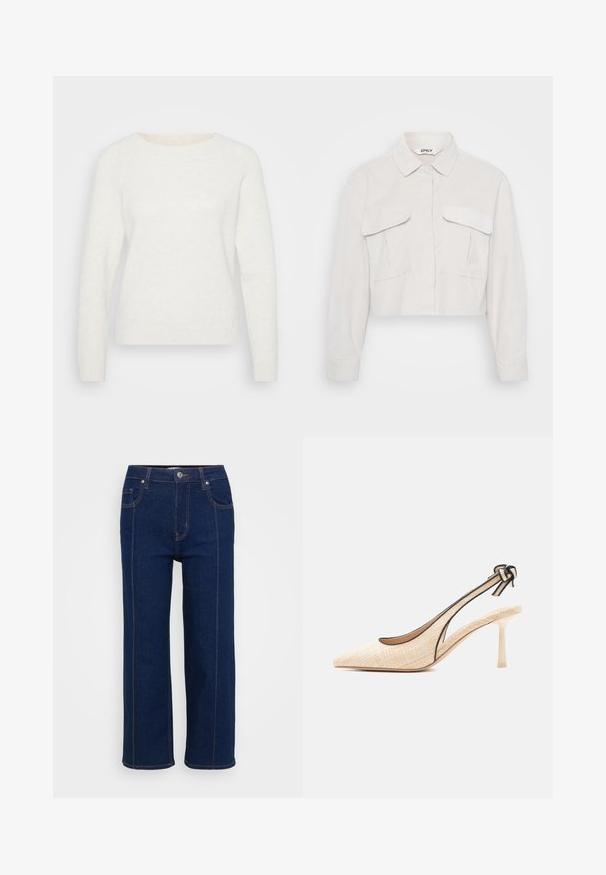 Suéter blanco de punto con mangas largas, escote redondo y bajo acanalado. Textura suave con una apariencia ligeramente difusa. Sin patrones visibles.; Chaqueta recortada de color beige claro con cuello, mangas largas, dos bolsillos en el pecho y un acabado de tela texturizada.; Jeans rectos de color azul oscuro con cierre de botón, bolsillos delanteros y traseros, y costuras naranjas visibles a lo largo de las costuras.; Tacón alto tipo slingback tejido en beige con punta afilada, tacón de aguja delgado, ribete negro y detalle de lazo en la correa del tobillo.