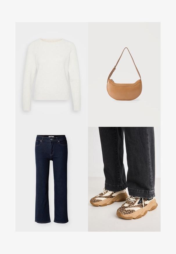 Hvid strikket sweater med lange ærmer, rund halsudskæring og ribbet kant. Blød tekstur med en let fuzzy overflade. Ingen synlige mønstre.; Mørkeblå denimjeans med lige snit, design med fem lommer og kontrastsyning. Har knap- og lynlås-lukning ved taljen.; Sneakers med leopardprint og mesh- og læderpaneler, tan-gummisål og kontrasterende sorte accenter. Båret med løstsiddende mørke jeans.; Lysebrun skuldertaske i læder formet som en halvmåne med justerbar rem og toplynlås, sat mod en ensfarvet baggrund.