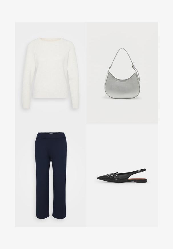 Suéter blanco de punto con mangas largas, escote redondo y bajo acanalado. Textura suave con una apariencia ligeramente difusa. Sin patrones visibles.; Pantalones rectos de color azul marino, confeccionados en una tela elástica, que cuentan con una cinturilla plana y dos bolsillos laterales para mayor funcionalidad.; Zapato plano slingback de cuero negro con puntera puntiaguda, que presenta dos correas horizontales y hebillas plateadas cuadradas, tacón bajo y textura suave.; Bolso de mano de imitación cuero plateado con forma curva, correa corta ajustable y textura suave, que presenta un detalle de costura minimalista.