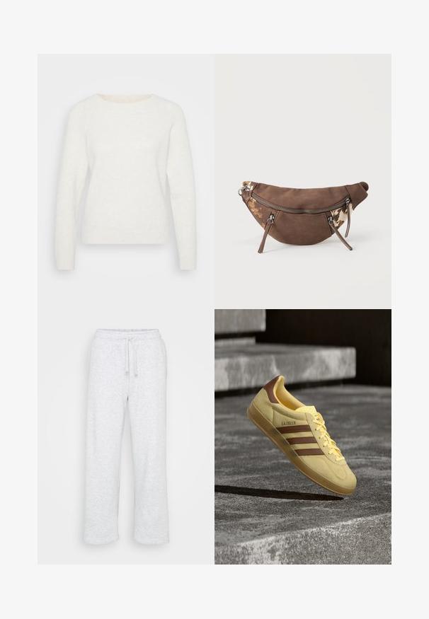 Hvid strikket sweater med lange ærmer, rund halsudskæring og ribbet kant. Blød tekstur med en let fuzzy overflade. Ingen synlige mønstre.; Lys grå bomulds-joggingbukser med elastisk talje og snøre, lige benklip, uden synlige logoer eller mønstre.; Gul Adidas Gazelle sneaker med brune striber og hældetalje, der svæver over en grå betongulv med trin i baggrunden.; Brun ruskind og canvas bæltetaske med dyreprintdetaljer, tre lynlåslommer og justerbar rem på ensfarvet baggrund.