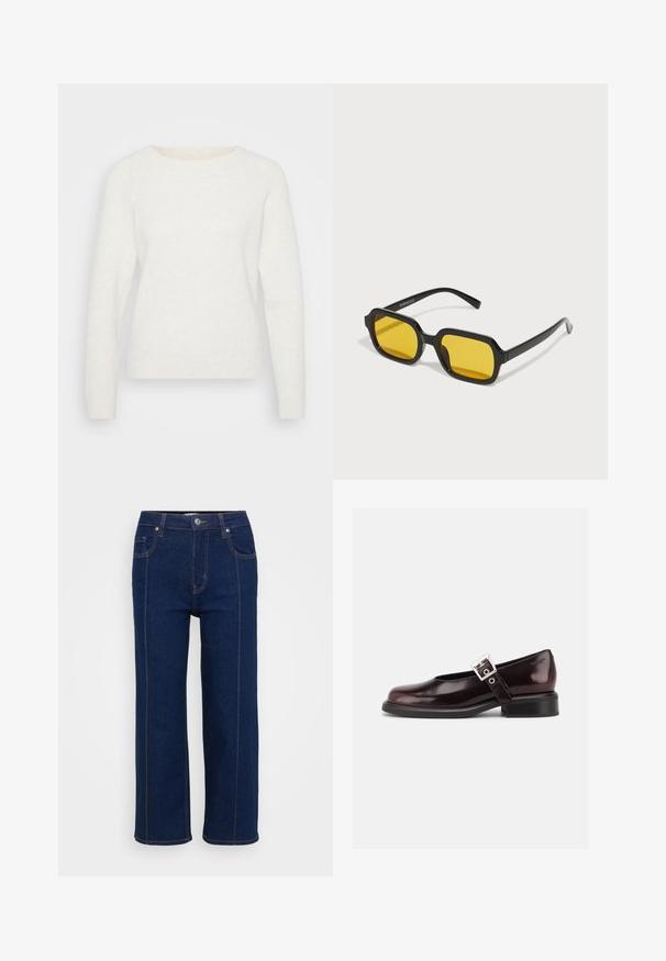 Hvid strikket sweater med lange ærmer, rund halsudskæring og ribbet kant. Blød tekstur med en let fuzzy overflade. Ingen synlige mønstre.; Mørkeblå lige ben jeans med knaplukning, for- og baglommer samt synlig orange syning langs sømmene.; En enkelt blank mørk burgunder Mary Jane sko med bred rem og sølvspænde, lav blokhæle og rundet tå på hvid baggrund.; Sorte rektangulære solbriller med gule linser. Funktioner inkluderer tykke stel og kantet design med en glat, blank finish.