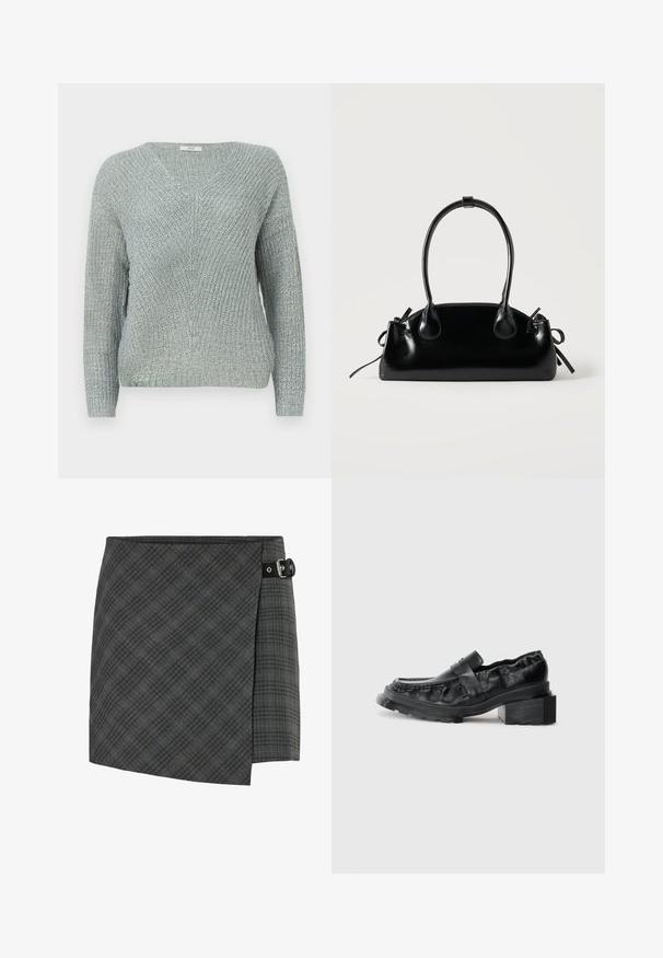Lyseblå strikket sweater med V-hals, lange ærmer og et struktureret mønster. Har ribbede manchetter og kant.; Mørkegrå ternet uld wrap nederdel med sort spænde detalje på højre side, lige kant og subtil diagonalt mønster.; Sorte læderloafers med en struktureret sål, der har en let forhøjet blokhæl og en tekstureret overdel, sikret med en frontrem.; Lille sort blank håndtaske med to lange håndtag og snøre-detaljer i siden på en ensfarvet lys baggrund.