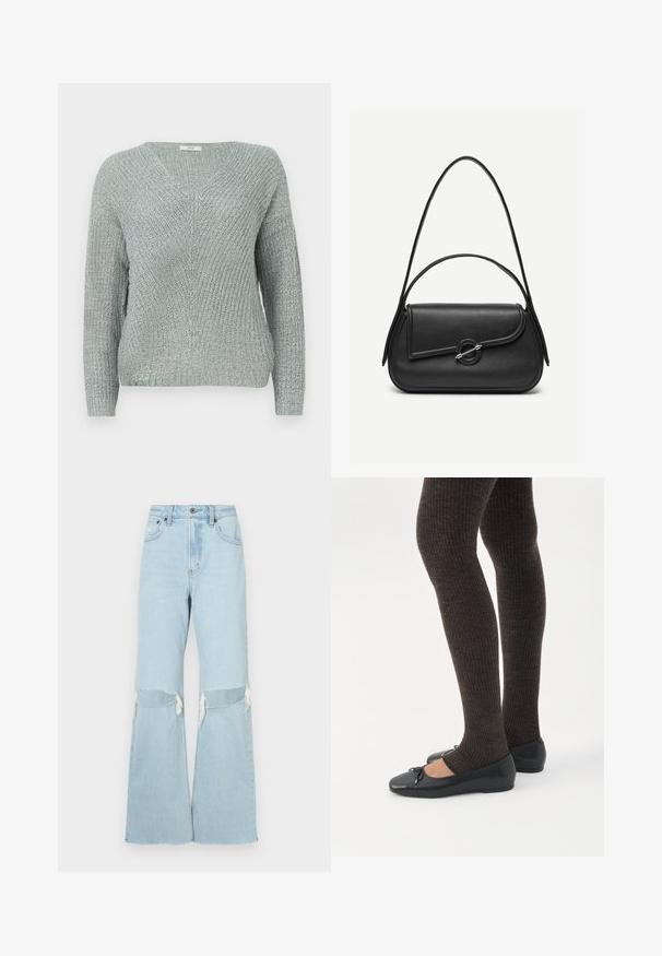 Lichtblauwe gebreide trui met een V-hals, lange mouwen en een gestructureerd patroon. Voorzien van ribbels aan de manchetten en de zoom.; Lichtblauwe denim wijde spijkerbroek met knie uitsparingen, rafelige zoom en hoge taille. Voorzien van een sluiting met knoop en rits aan de voorkant, en een klassieke vijf-pocket ontwerp.; Benen met donkere geribbelde leggings gecombineerd met zwarte ballerina's met kleine strikdetails op een witte achtergrond.; Zwarte leren handtas met afgeronde hoeken, asymmetrische klep, metalen ronde sluiting en zowel korte als lange schouderriemen.