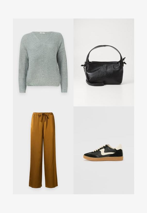 Lyseblå strikket sweater med V-hals, lange ærmer og et struktureret mønster. Har ribbede manchetter og kant.; Brune satin brede bukser med elastisk talje og snoretræk. Glat tekstur og hel-længde design med en afslappet pasform.; Sorte ruskinds- og lædersneakers med en cremefarvet side-swoosh og lys cremefarvet hæl. Har beige snørebånd og en gummirubber-sål.; Sort læderhåndtaske med et struktureret design, rund tophåndtag og aftagelig skulderrem. Den har en glat tekstur og en subtil glans.